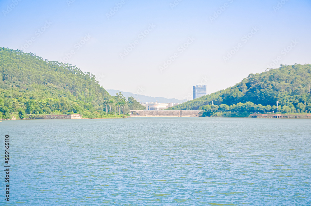 Naklejka premium Lake in the Lanshi Park,Jiangmen,Guangdong,China.The Lanshi Park also called Jiangmen Botanical Garden.