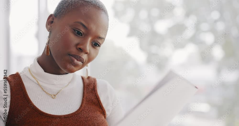 Corporate black woman, documents and reading with planning for notes ...