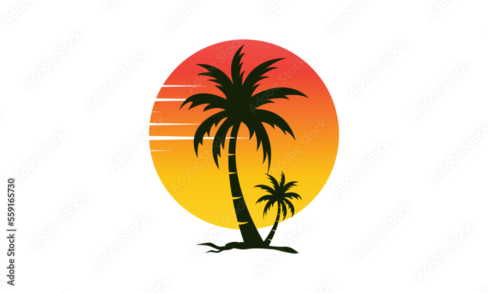 sun beach logo design, sunset with island logo design vector illustration