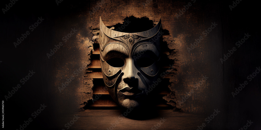 Theatrical actor classic mask on wooden wall banner dark stage light. Generative AI - obrazy, fototapety, plakaty 