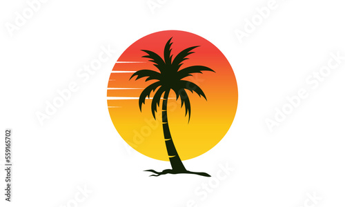 sun beach logo design, sunset with island logo design vector illustration