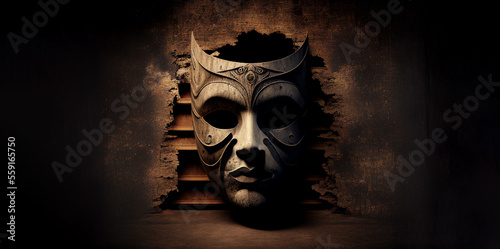Theatrical actor classic mask on wooden wall banner dark stage light. Generative AI