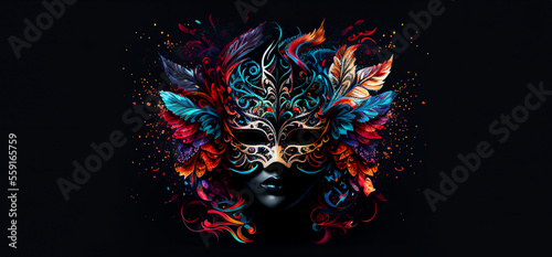 Venetian female mask carnival red feathers dark splash art masquerade mardi gras banner copy space on black illustration. Generative AI