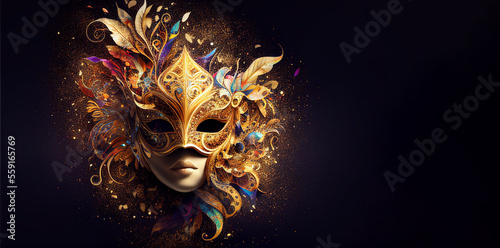 Fototapete Venetian female mask carnival golden color dark splash art masquerade mardi gras banner copy space on black illustration