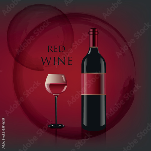 A bottle of wine made in a realistic style. A glass of red wine. Vector illustration