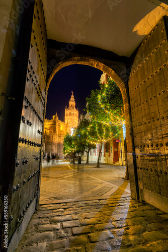 Night view of the Cathedral of Seville with its wonderful Giralda.
