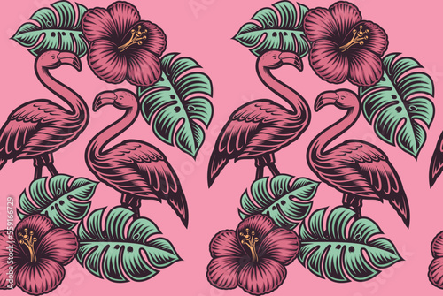 Vector seamless surfing background with flamingo