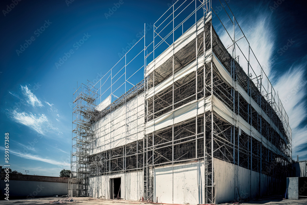 a scaffolded construction against a clear sky. Concept for renovation. 110 Superbonus in Italy. Generative AI a scaffolded construction against a clear sky. Concept for renovation. 110 Superbonus in Italy. Generative AI