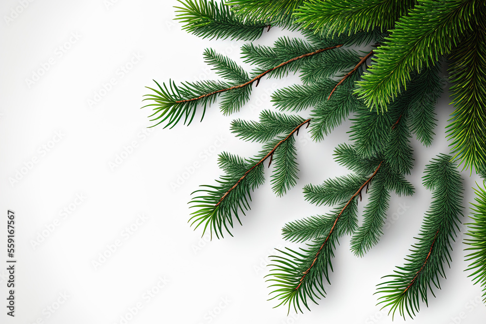 flat branches of a Christmas tree in the backdrop. Generative AI
