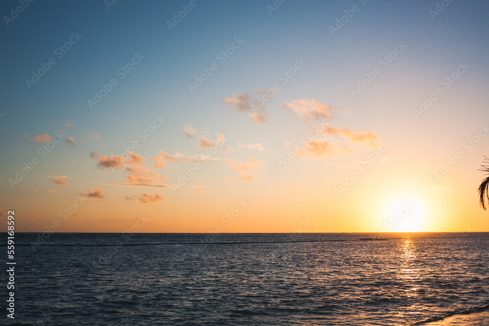 Beautiful sunrise at sea. Dawn on the Red Sea. The sun is reflec