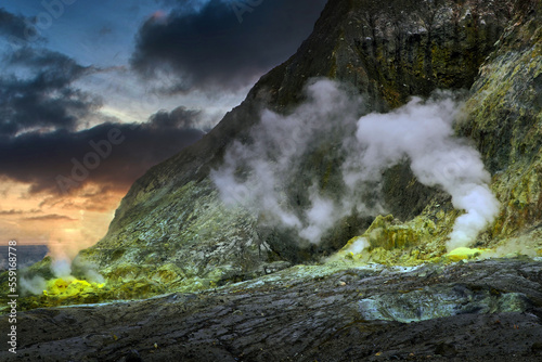 White Island volcano island. Whakaari. New Zealand. Active volcano. Crater. Smoke. Sulfur. Ocean.  photo