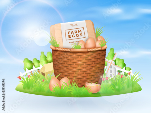 3d farm eggs, fresh chicken products composition on land. Happy morning basket for breakfast, realistic organic eggshell. Fresh poultry farm natural product. Vector promo template