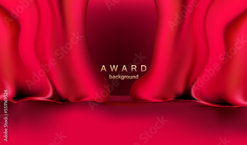 Award nomination ceremony with luxurious red flying silk wavy background. Open red curtains with glitter opera or theater vector design.