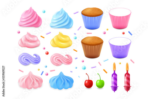 3d cupcake, muffin constructor kit, cake cups. Birthday paper, food candy, sweet cherry and chocolate, icing candy. Realistic confectionery set. Vector realistic isolated illustration