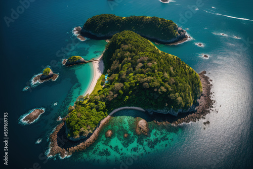 Aerial view of an island with green trees and turquoise water in the vicinity of Vila Franca do Campo on a beautiful day. Generative AI