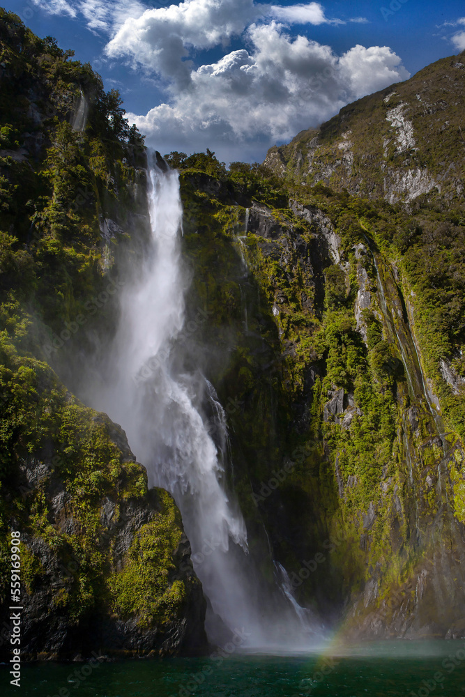 Waterfall at Milford Sound New Zealand. South Island. Fjordlands.