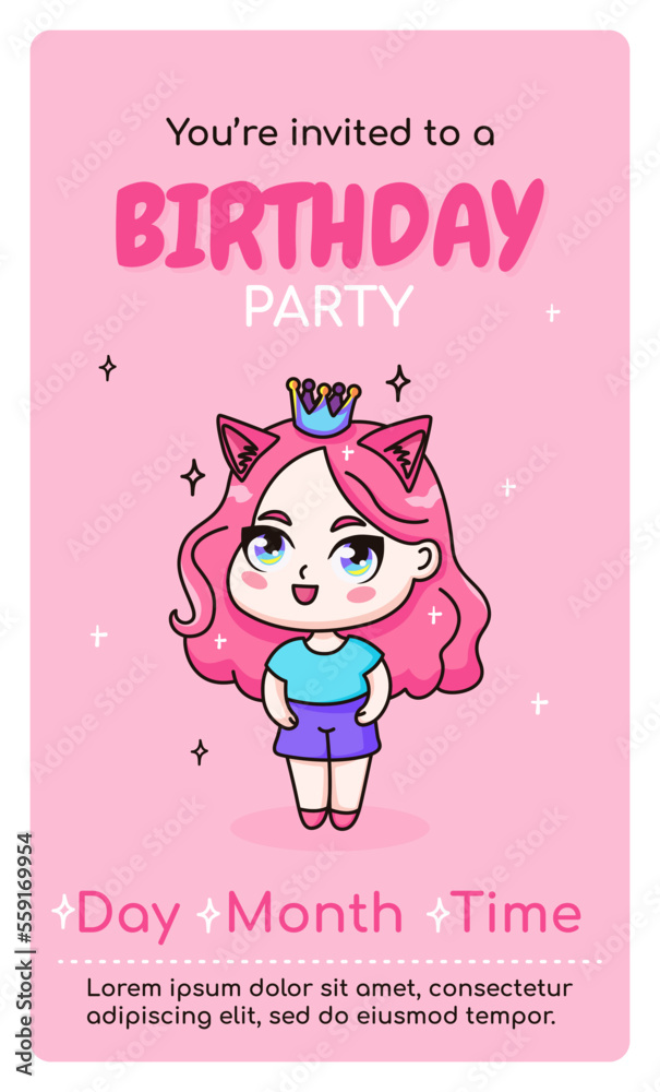 Premium Vector | Happy birthday vertical invitation card with cartoon  kawaii anime girl. vector illustration