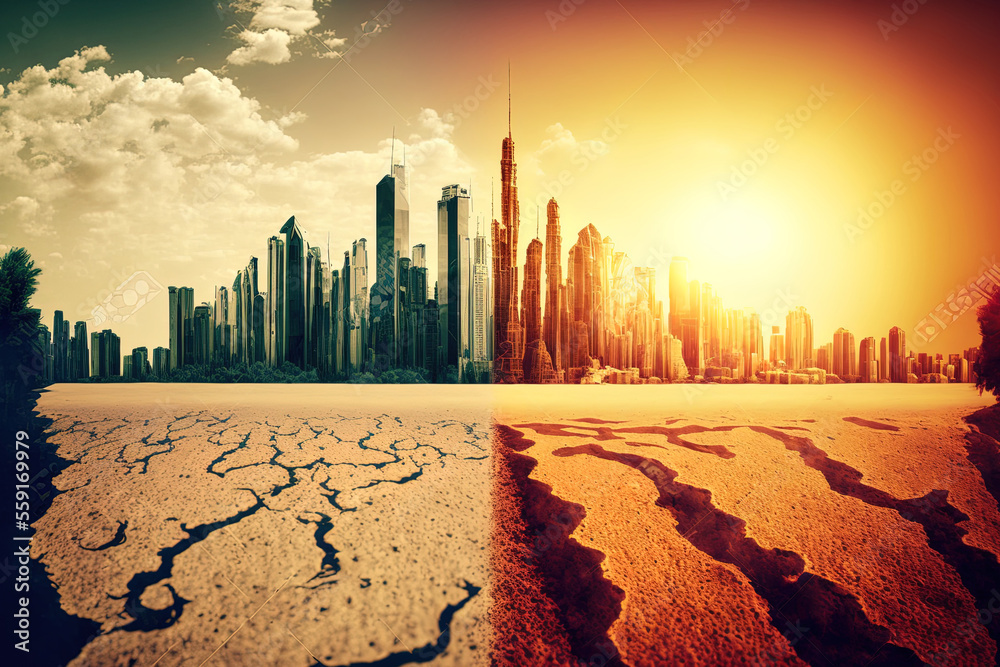 A modern city demonstrating the impact of climate change on dry land. Generative AI