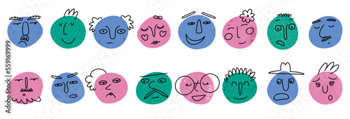 Smile face characters, colorful happy family. Abstract doodle expression avatars, people round portrait with comic fun eyes, noses and mouth. Doodle style cvector cartoon illustration