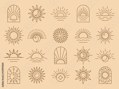 Sun boho icon. Bohemian minimal golden rays, minimalist moon in sky, celestial beams, summer sunburst logotype collection. Abstract contour vector creative monochrome design illustration set