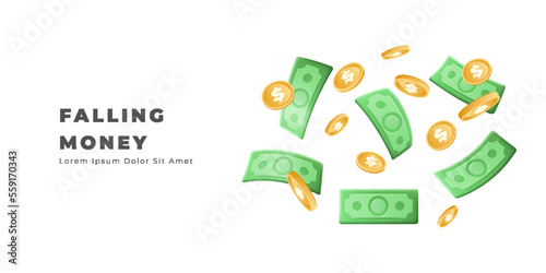 3d falling money, dollar background. Flying cash, golden coins, stack of green banknotes, gold treasures sale, bank symbols. Web banner template. Landing page. Vector realistic illustration