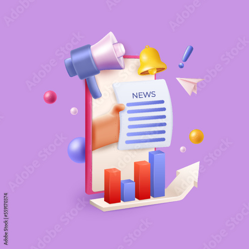 3D digital news elements. Marketing newsletter in phone app. Render smartphone. Mobile online information. Newspaper in hand. Loudspeaker and announce bell. Vector illustration icons