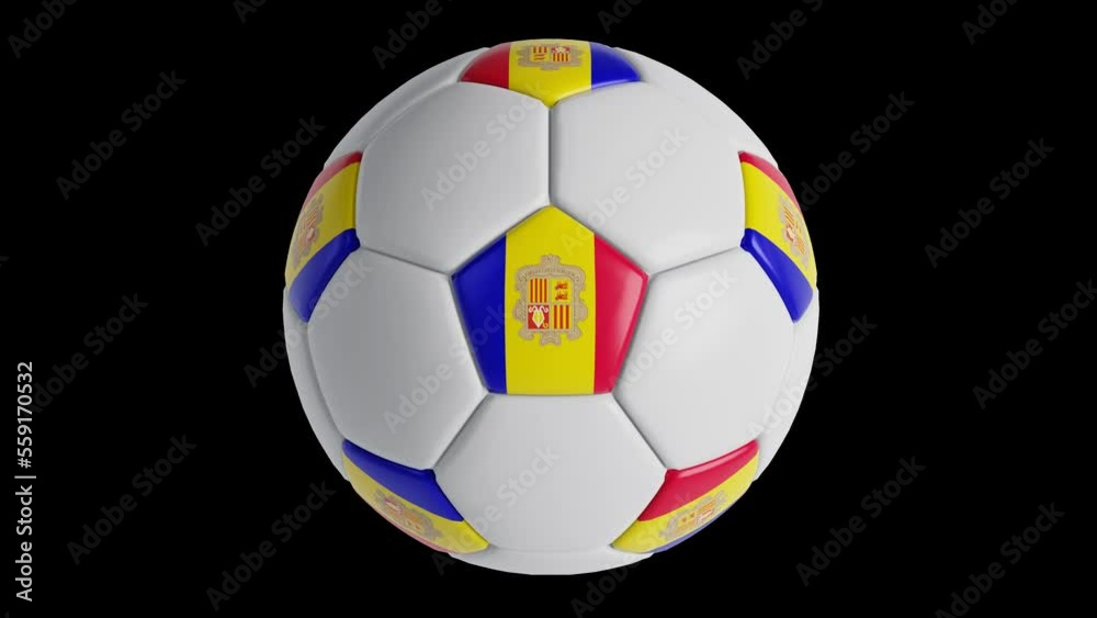 Soccer ball with flag of Andorra , black background loop alpha Trasparent 3D Soccer ball with flag of Andorra , black background loop alpha Trasparent 3D