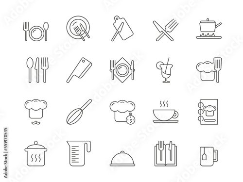 Kitchen signs. Cook icons. Food eating. Cooking pan. Plate with fork and spoon. Pot and knife for chef. Prepare time. Utensils and cutlery serving. Recipe book. Vector line pictograms set