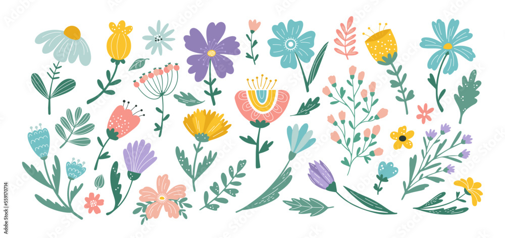 Floral Easter pattern, flowers and leaves isolated elements. Summer or spring collection for notebook decoration, garden herbs stem and meadow petals. Vector cartoon flat icon set