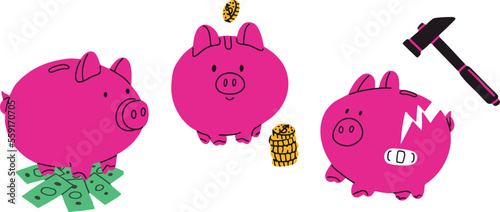 Piggy bank set. Piggy and stack, money coin, broken pig. Isolated vector on white background