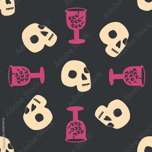 Skull, snake, goblet, magic symbols seamless pattern. Magic and death, on a dark background.
