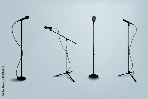 Microphone stand. Realistic mic tripod with wire. Karaoke and stage mike. Sing or interview in concert studio. Music media technology. Audio broadcast. Vector isolated stereo devices set photo