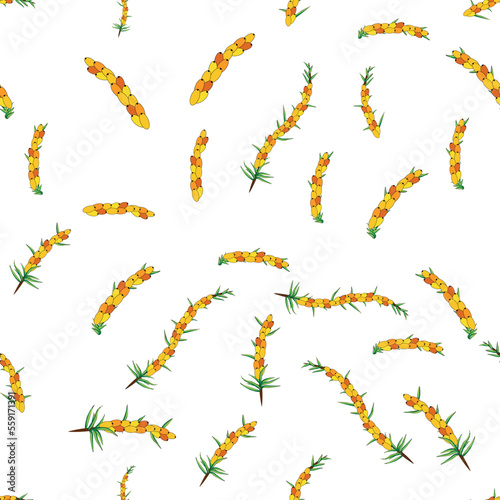 Sea buckthorn seamless pattern. Twigs with berries and leaves. Template with orange fresh berries for wallpaper