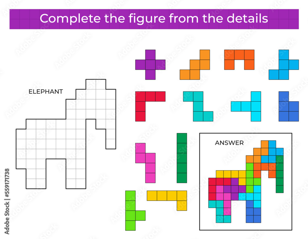 Complete the figure. Puzzle game with elephant. 