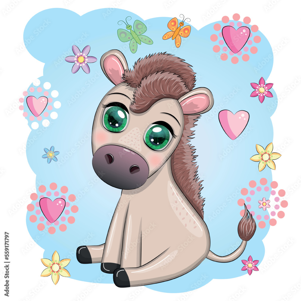 Cute donkey in flowers, with balloons, spring theme. Postcard for the holiday. Cute donkey in flowers, with balloons, spring theme. Postcard for the holiday.