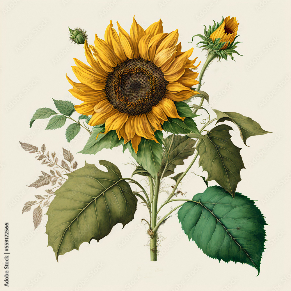 Yellow sunflower as in vintage botanical illustration, still life on