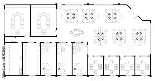 Office plan layout drawing complete with the office furniture in 2D CAD drawing. Drawing produced in black in white. Various spaces also are provided such as a meeting room, pantry etc. 