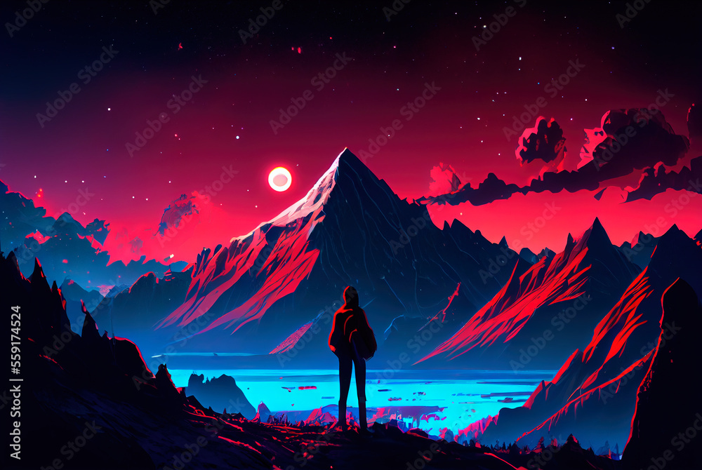 A person silhouette stands high in the mountains by AI. Bright red colors.