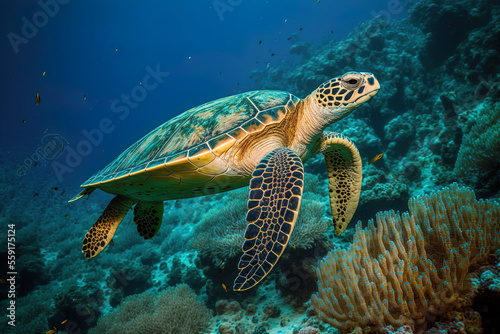 Fotografia Hawksbill sea turtle in the Maldives area of the Indian Ocean