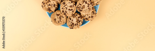 Plate of chocolate cookies, panoramic view, with copy space