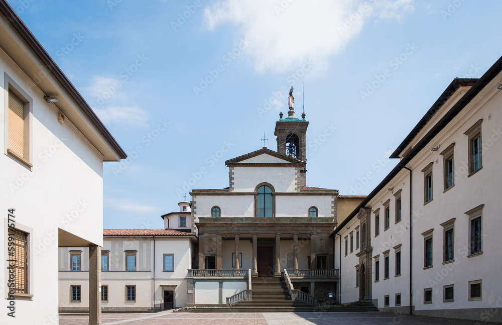 Pontida, Italy - April 29, 2022: Monastero di San Giacomo, monastery located in San Martino valley, Bergamo. Abbey of Pontida