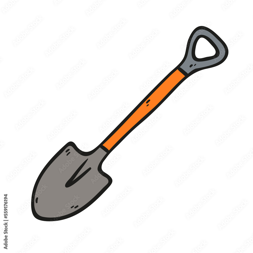 Garden shovel vector icon hand drawn in cartoon style. Isolated symbol on white background. Garden shovel vector icon hand drawn in cartoon style. Isolated symbol on white background.