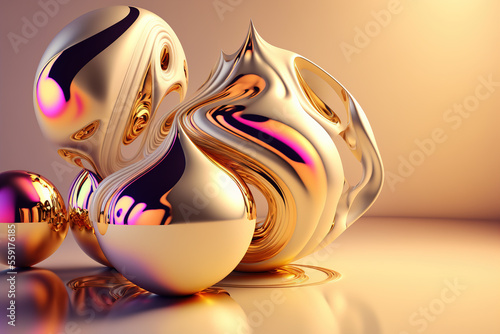 3D render abstract geometric background, pearl and gold creative shapes