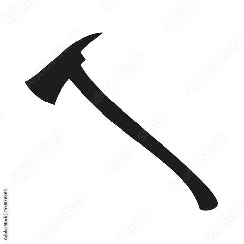 Fire axe vector icon with long ax handle. Black silhouette hatchet on white background.