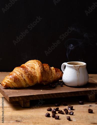Fototapeta Naklejka Na Ścianę i Meble -  croissant and coffee, good morning, having breakfast, practical breakfast, ready-made food, hot croissants