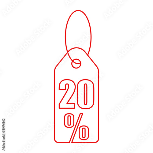 Discount price tag vector icon in red color. 20 percent discount.