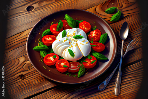 Nourishment Salad with Tomatoes and Burrata cheese vegetalbe food photo