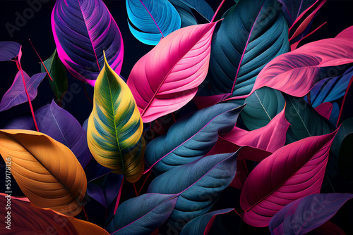 Abstract natural background. Fluorescent exotic leaves pattern. Creative background with bright colorful leaves. Jungle fauna. Created with Generative AI