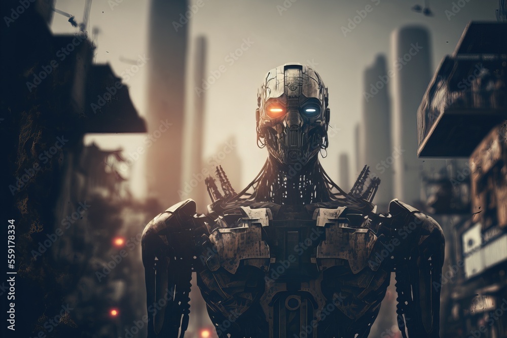 Cyborg with a city background, soldier robot, generative AI illustration.