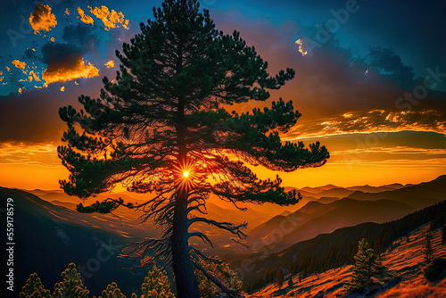 Stunning image of a pine tree with hills and a lovely sky filled with clouds. Generative AI